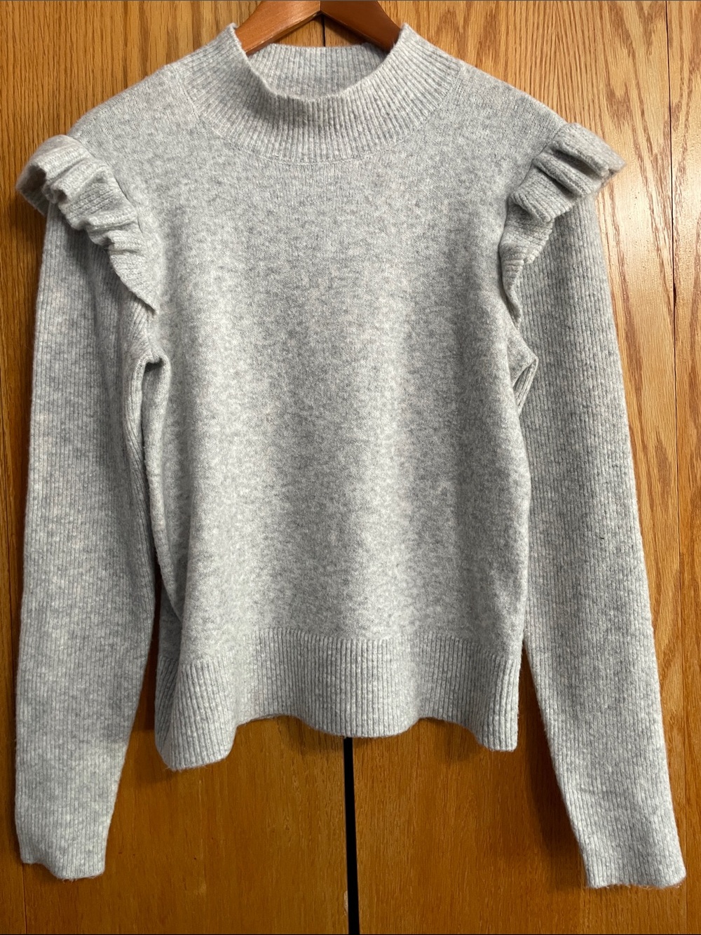 LOFT Light Gray Ruffle-Shoulder Turtleneck Sweater
